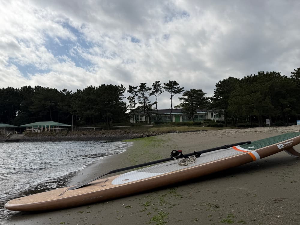 海の公園の砂浜に置かれたSUPボード